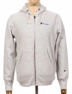 Champion Reverse Weave Script Logo Zip Hooded Sweat - LOXGM Light Grey